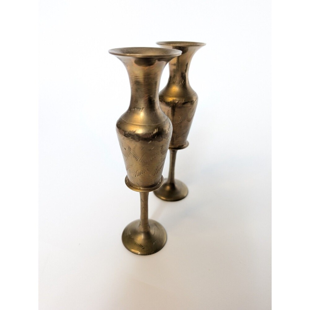 2 Vintage Solid Brass Indian Bud Vases Etched Engraved Design 6”